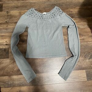 Darling Gray Ribbed Crop Top with Crochet Neckline